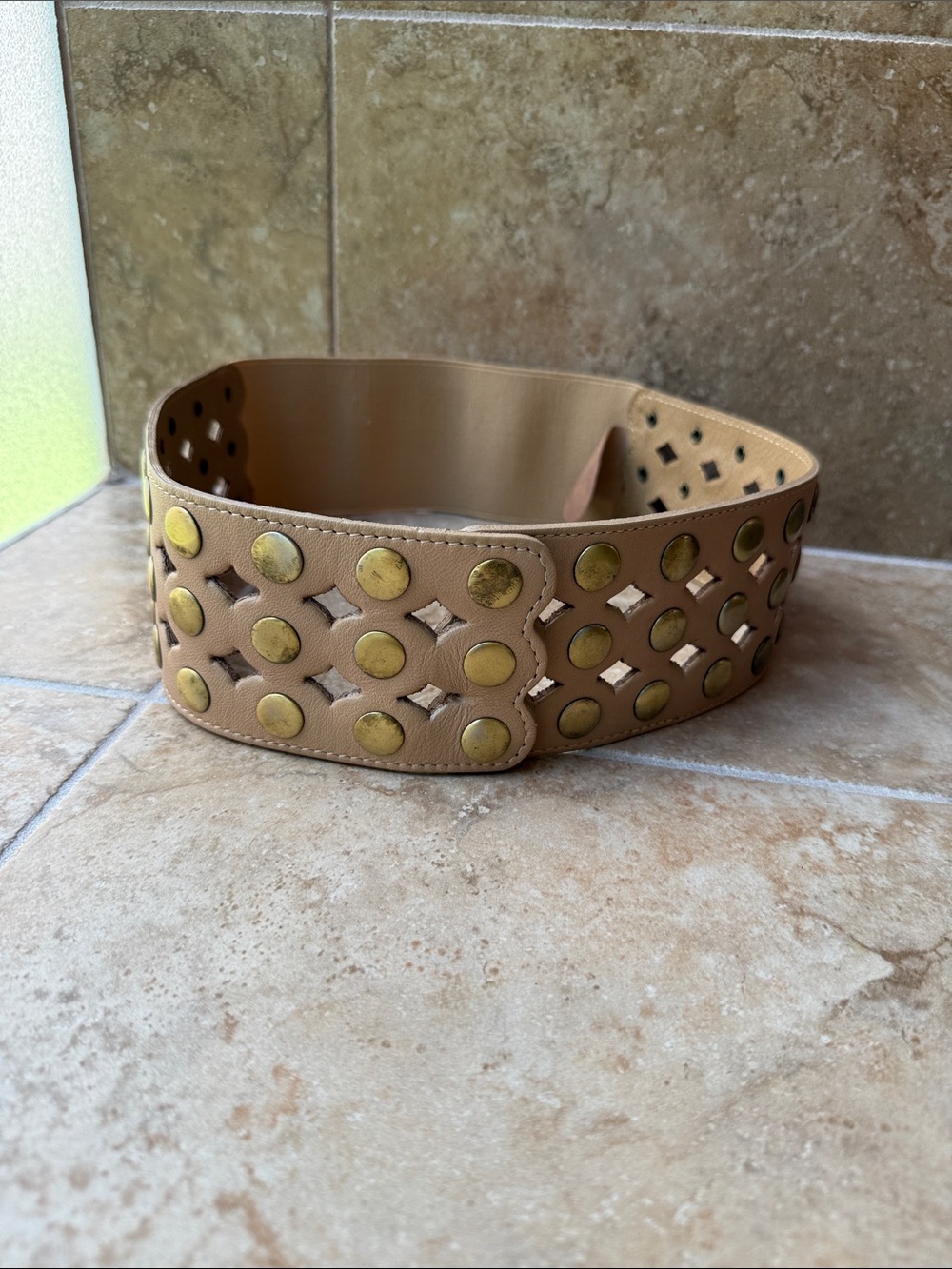 Anthropologie Lonestar Belt Motif 56 Studded Leather Diamond Cutout Stretch Back - Picture 2 of 12